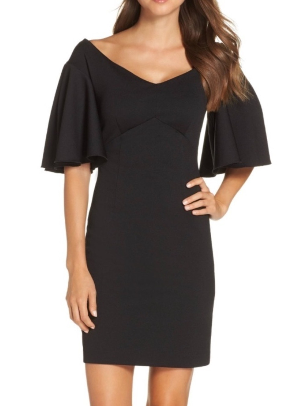 Trina by Trina Turk Ciela Diamond Ponte Flutter Sleeve Black Dress - Size 6